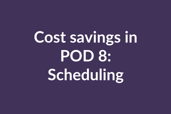 zensmart is showing Text on a dark purple background reads "Cost savings in POD 8: Scheduling" in white font, highlighting how on-demand manufacturing can cut costs efficiently. with print workflow automation