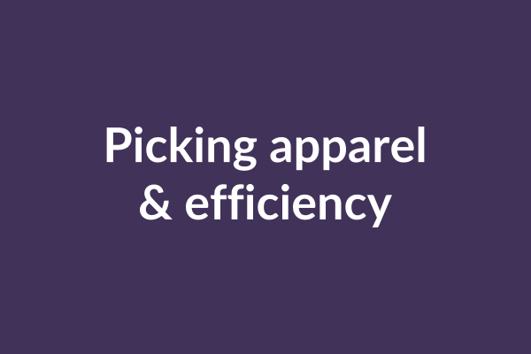 zensmart is showing Purple background with the white text "Picking apparel & efficiency" centered, highlighting the merits of On Demand manufacturing. with print workflow automation