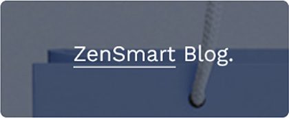 zensmart is showing A blue shopping bag with white rope handles, partially visible against a gray background. The text "ZenSmart Blog." is centered in white, with an underline beneath "ZenSmart.” Perfect for carrying your latest Etsy handmade crafts or vintage items. with print workflow automation