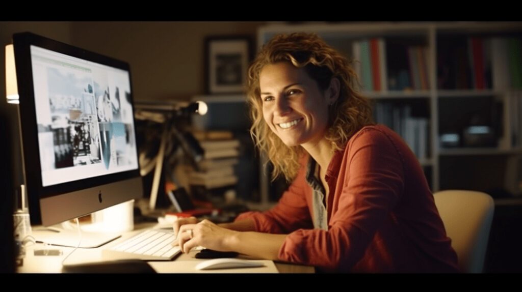 zensmart is showing A woman with curly hair, wearing a red shirt, is smiling while working on a desktop computer in a dimly lit room. The screen shows an Etsy design or photo-editing application. Shelves with books and files are visible in the background. with print workflow automation