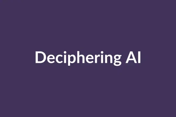 zensmart is showing GIF with text that says "Deciphering AI" followed by "Art and A.I.M." on a dark purple background. The buzzwords transition smoothly with a fading effect. with print workflow automation