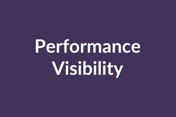 zensmart is showing A purple rectangular image with white text that reads "Performance Visibility" features a sequential list of "Security," "Mobile," "Analytics," and "Logs." These elements correspond to each other in a morphing animation format, making team performance more visible. with print workflow automation