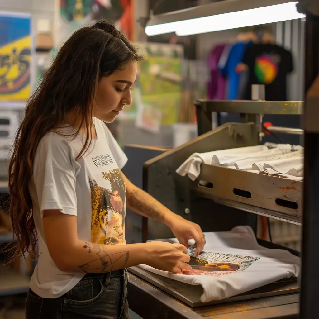 zensmart is showing A woman is standing at a t-shirt printing station, carefully adjusting a shirt under the heat press using DTF technology. She has long dark hair and a tattoo on her forearm. Shelves with printed t-shirts and colorful designs are visible in the background. with print workflow automation