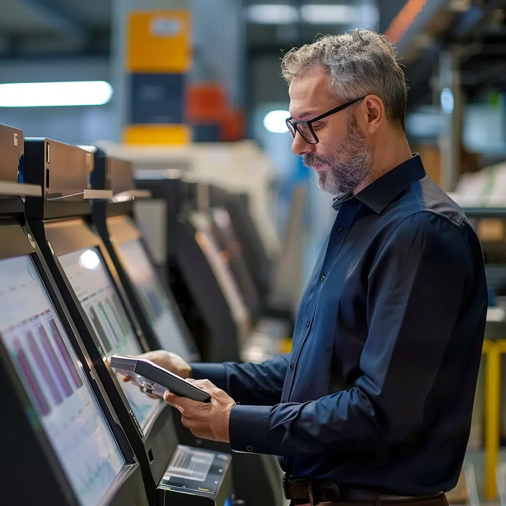 zensmart is showing A man with glasses and a beard operates a computerized control panel in an industrial setting. Holding a tablet, he appears focused on the screens displaying various data and graphs related to automation software. The background shows machinery and equipment. with print workflow automation