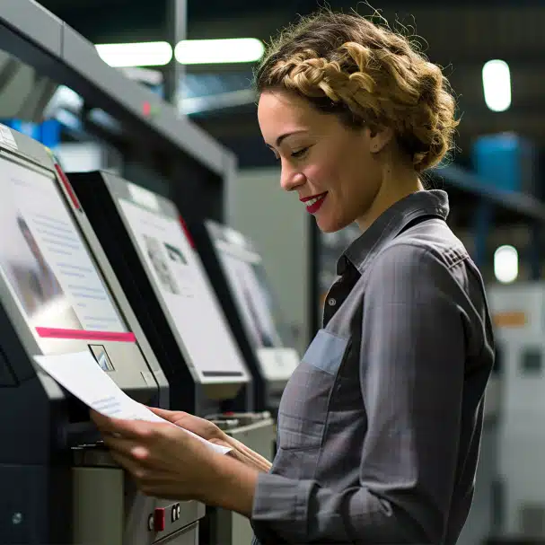 zensmart is showing A woman with braided hair and a gray shirt is smiling while holding a sheet of paper in a modern, industrial setting. Surrounded by machines with control panels and lights, she appears to be engaged with the automated equipment, seamlessly managing the workflow. with print workflow automation