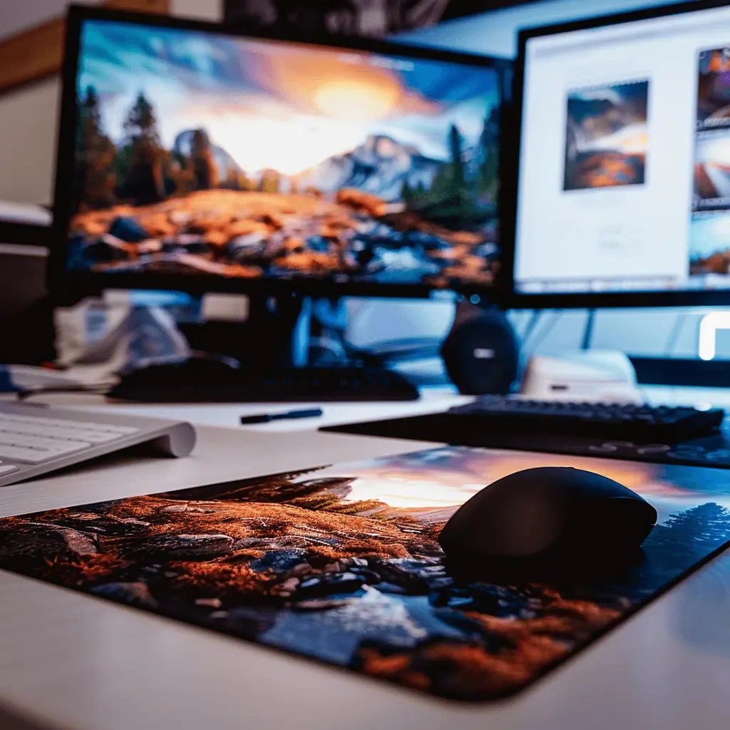 zensmart is showing A desktop setup with two monitors displays a landscape image of scenic mountains. A keyboard and mouse rest on a desk, with the mouse on a pad featuring the same mountain landscape, created through dye sublimation printing. The workspace is clean and organized, suggesting a creative workspace embracing technology. with print workflow automation