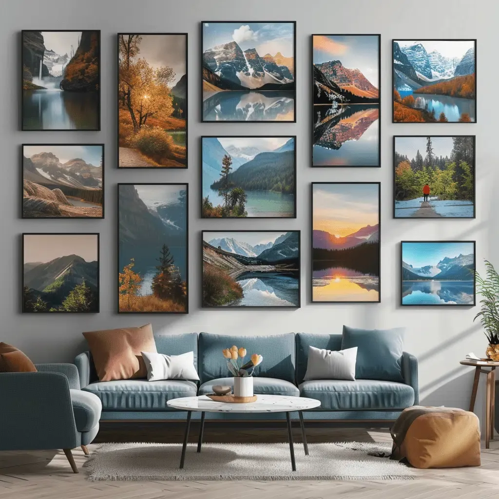 zensmart is showing A cozy living room with blue and brown furniture features a gallery wall of framed wide format nature photographs. The images depict diverse landscapes, including mountains, lakes, forests, and waterfalls. A round coffee table sits in front of the sofa, which is adorned with pillows. with print workflow automation