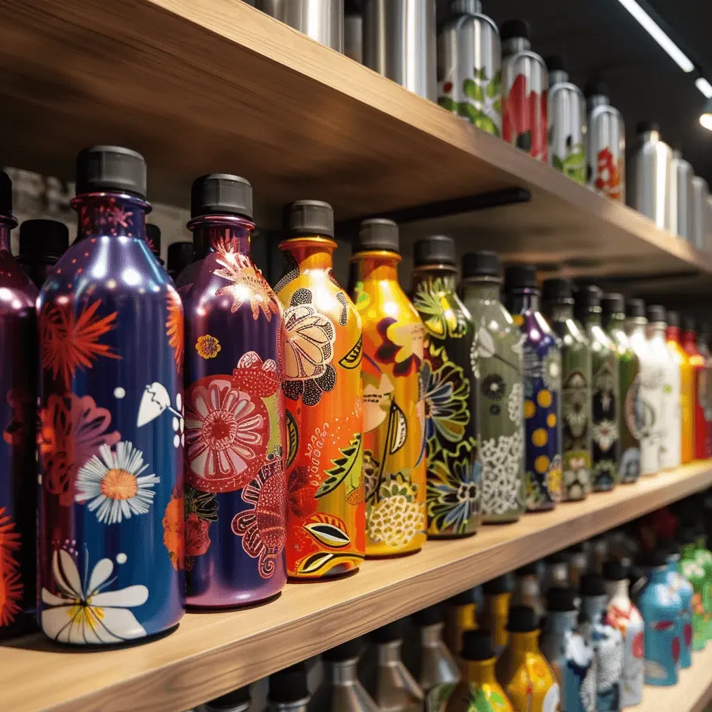 zensmart is showing A collection of colorful metal water bottles with various floral and abstract designs, produced using UV printing, lined up on wooden shelves. The bottles are arranged neatly in rows, with some featuring vibrant flowers, leaves, and patterns, creating a visually appealing display. with print workflow automation