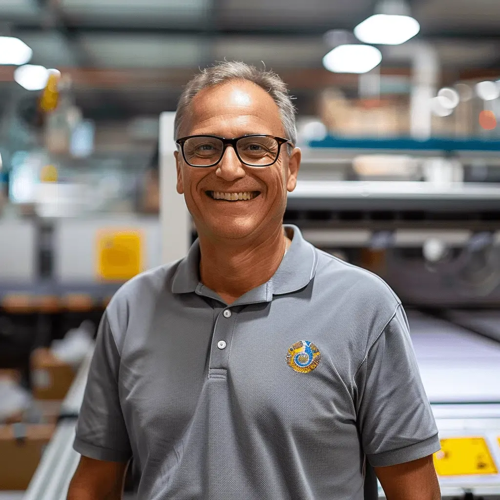 zensmart is showing A man with short gray hair and glasses smiles while wearing a light gray polo shirt adorned with a small, embroidered logo on the left side. He stands in front of industrial equipment in a well-lit warehouse or factory environment. with print workflow automation
