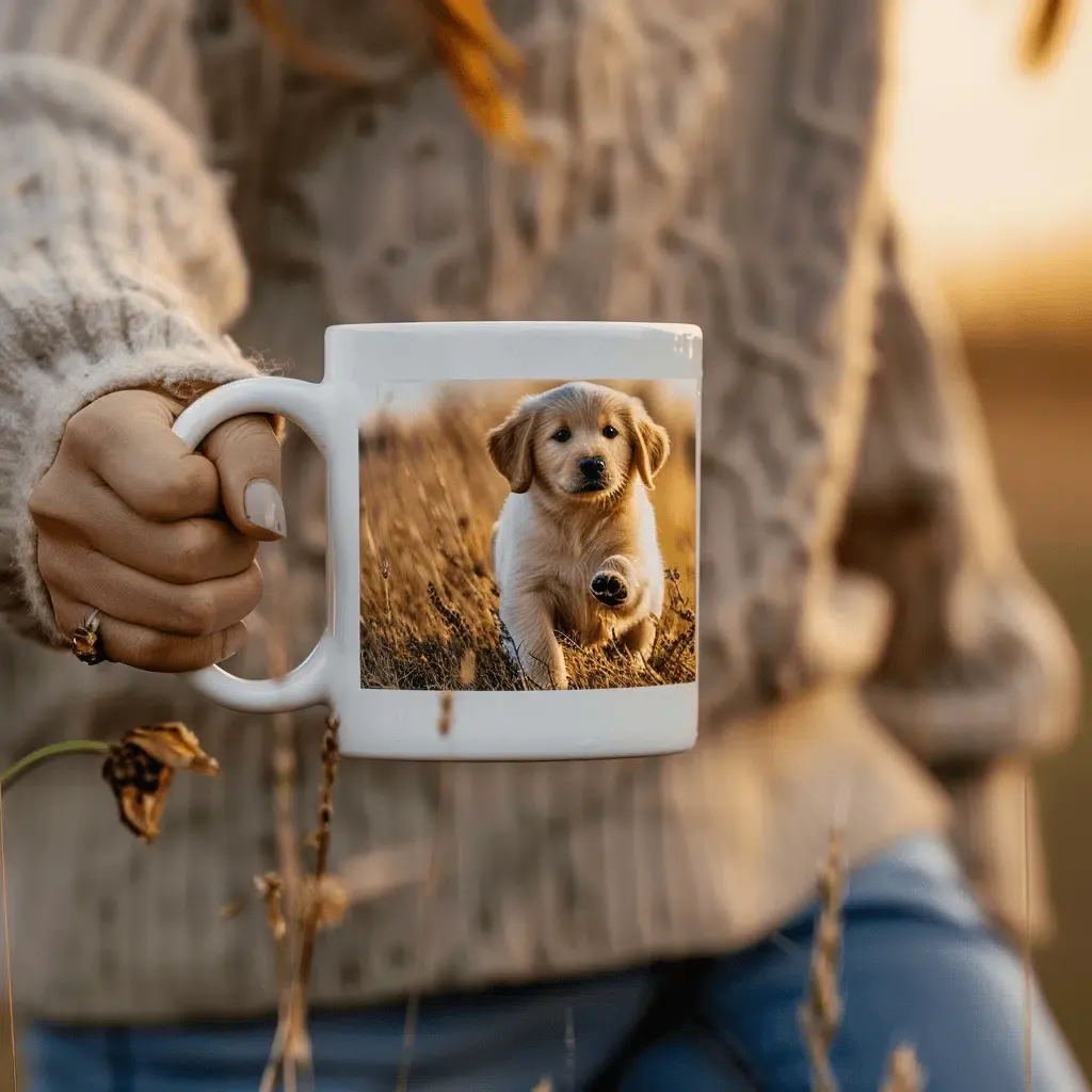 zensmart is showing A person in a cozy sweater holds a white mug with an image of a playful puppy running through a field. Created using dye sublimation, the background features blurred, warm-toned grasses, creating a serene, autumnal atmosphere. with print workflow automation