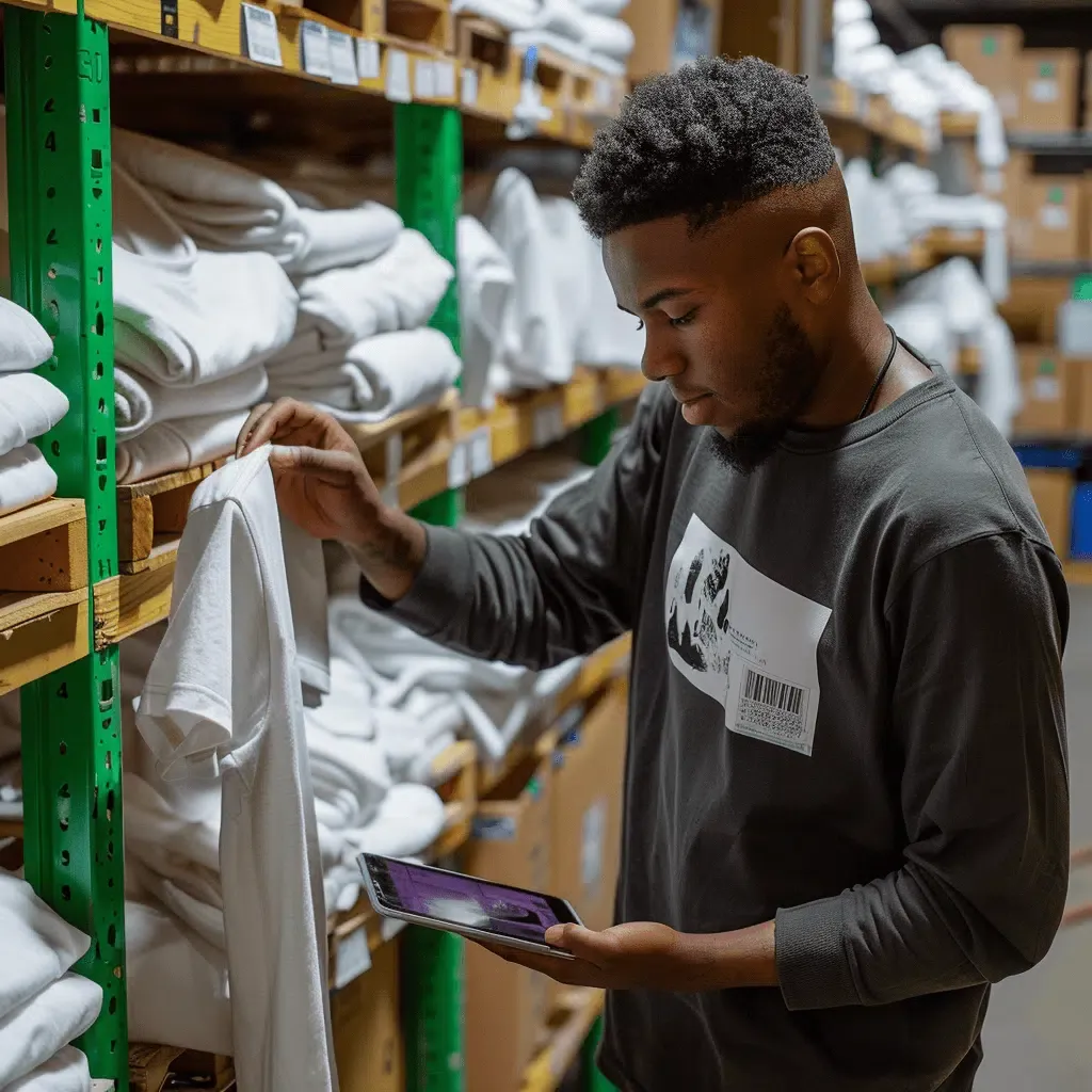 zensmart is showing A man is standing in a storage area, organizing white T-shirts on shelves. He is holding one T-shirt in his hand and using a tablet, possibly for inventory management or DTG printing records. The shelves are lined with neatly folded clothes and boxes in the background. with print workflow automation