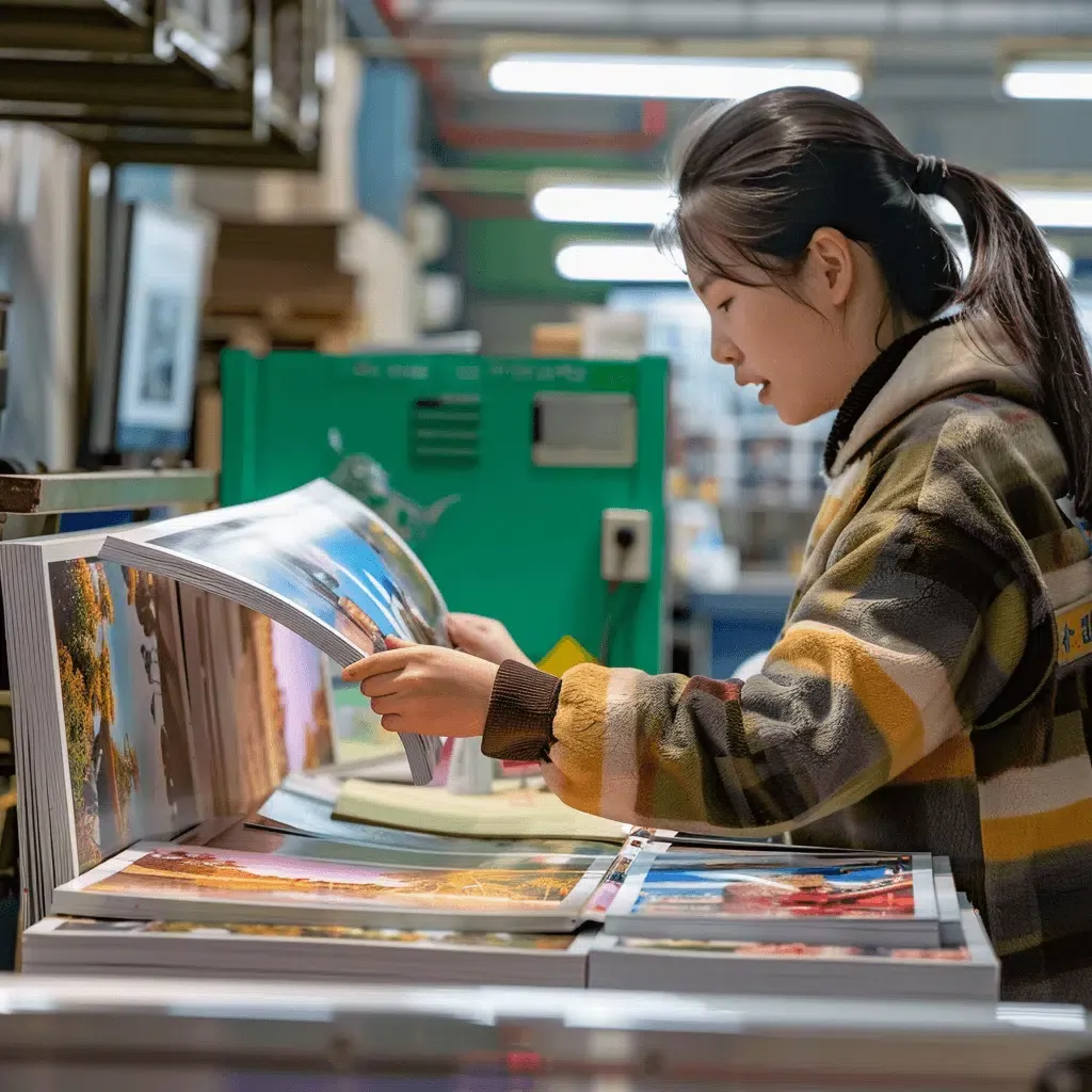 zensmart is showing A woman in a plaid jacket inspects large, colorful prints in a print shop. She stands near a stack of printed pages, focusing on one page while illuminated by overhead lights. The background features various printing equipment and supplies, showcasing the precision of ElectroInk toner technology. with print workflow automation