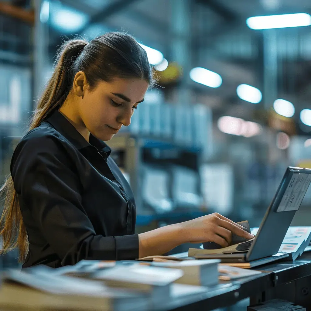 zensmart is showing A woman with long hair tied in a ponytail is standing in an industrial setting, working on a laptop placed on a table covered with papers and packages. She wears a black shirt and appears focused on her task. The background shows an organized warehouse stocked with materials like silver halide photo prints. with print workflow automation