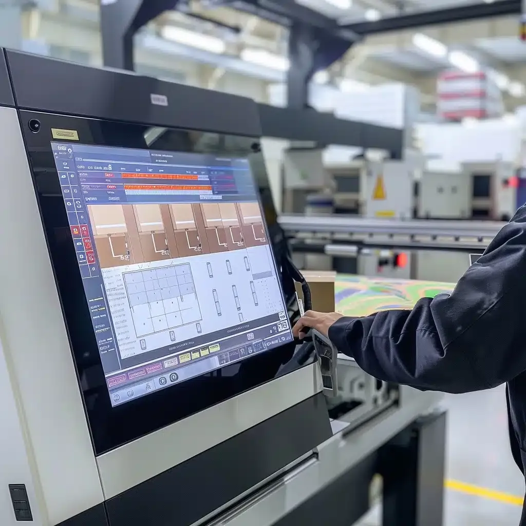 zensmart is showing A person interacts with a touch screen on a modern industrial machine, programming or monitoring the production of cardboard packaging. The screen displays diagrams and settings, while the person holds a piece of labeled cardboard. Industrial equipment is visible in the background. with print workflow automation