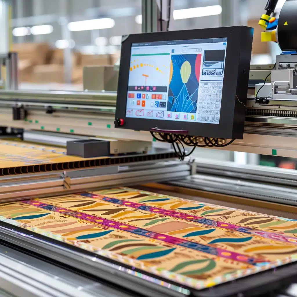 zensmart is showing A digital printing machine in operation, producing colorful patterned sheets and labels. A touchscreen display shows the design being printed. The image depicts a modern industrial setting focused on precision printing tasks with vibrant visuals, showcasing advanced packaging capabilities. with print workflow automation