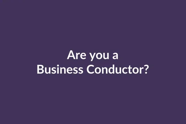 zensmart is showing A purple background image with white text in the center that reads, "Are you a Business Conductor?" Below the text, there's an animated video of icons including a briefcase, dollar sign, line graph, light bulb, and people icon representing various business aspects. with print workflow automation