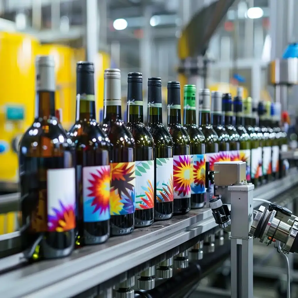 zensmart is showing A row of wine bottles with colorful, abstract labels is seen on a conveyor belt in a modern, industrial bottling facility. The background includes bright yellow packaging machinery and industrial equipment, highlighting a clean and organized production environment. with print workflow automation