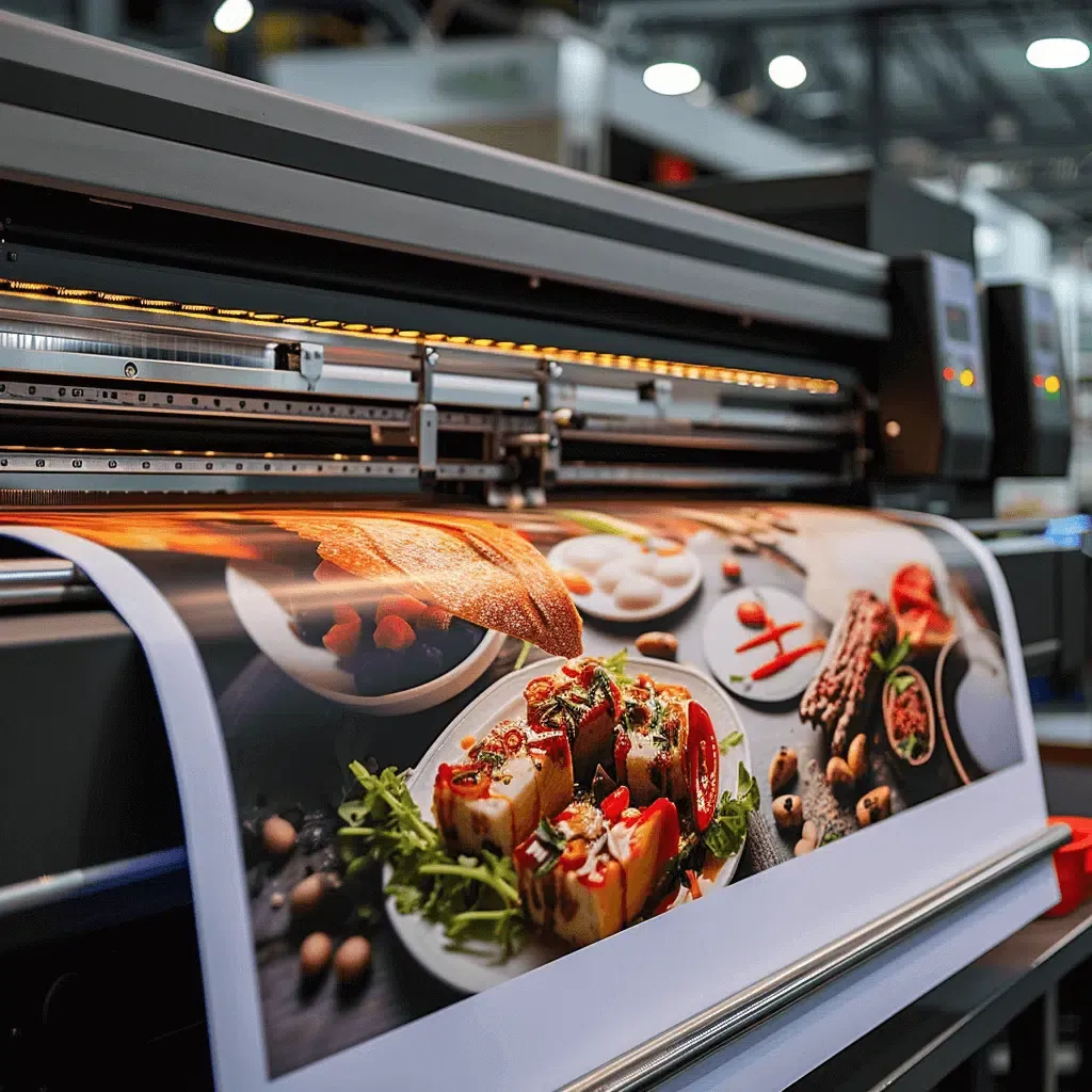 zensmart is showing A large commercial printer produces a high-resolution, vibrant food poster featuring diverse dishes including a salad, bread slices, nuts, and other gourmet items against a blurred background of the printing facility, perfect for eye-catching display signage. with print workflow automation