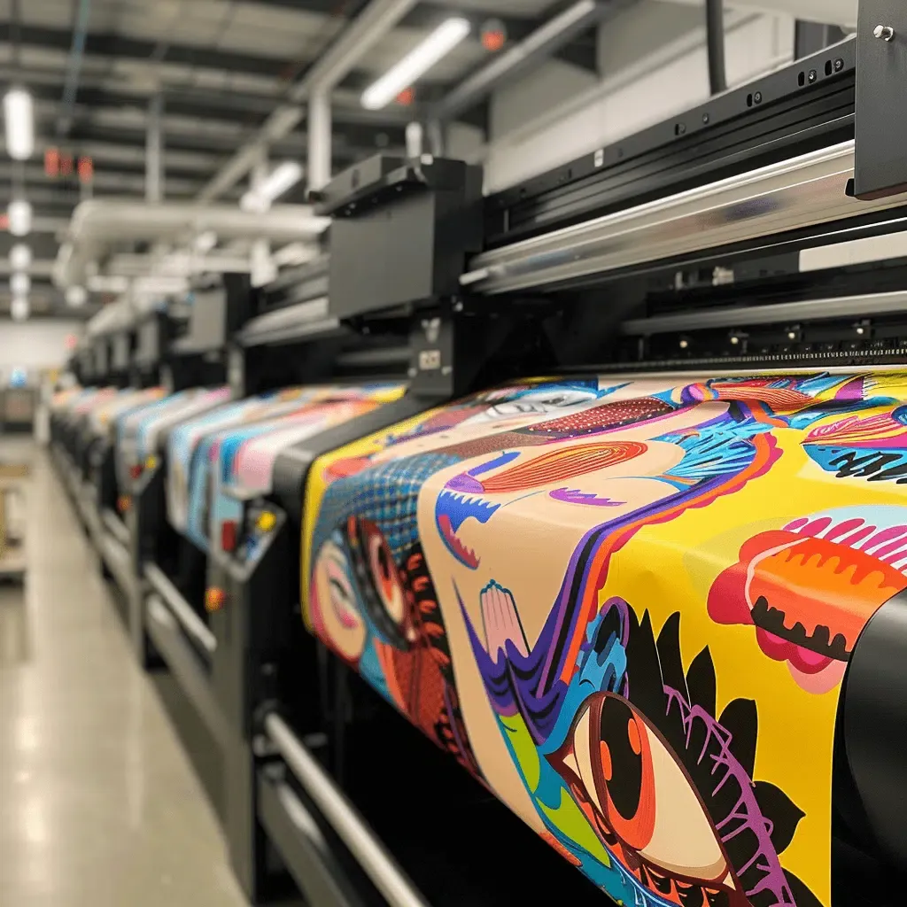 zensmart is showing A row of large digital printers in an industrial setting, each printing vibrant and colorful patterns for banners featuring abstract designs, including eyes and geometric shapes. The scene is well-lit, highlighting the precision and detail of the prints. with print workflow automation