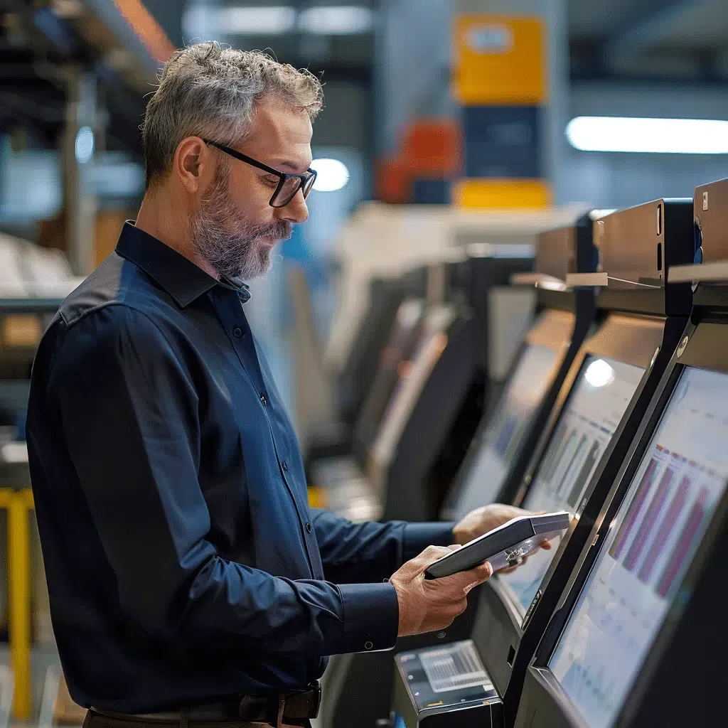zensmart is showing A man with glasses and a beard stands in an industrial setting, using a handheld device to interact with the display on a large machine. He is focused on the screens, which show various graphs and data visuals, as digital banners and signage flicker in the background. with print workflow automation