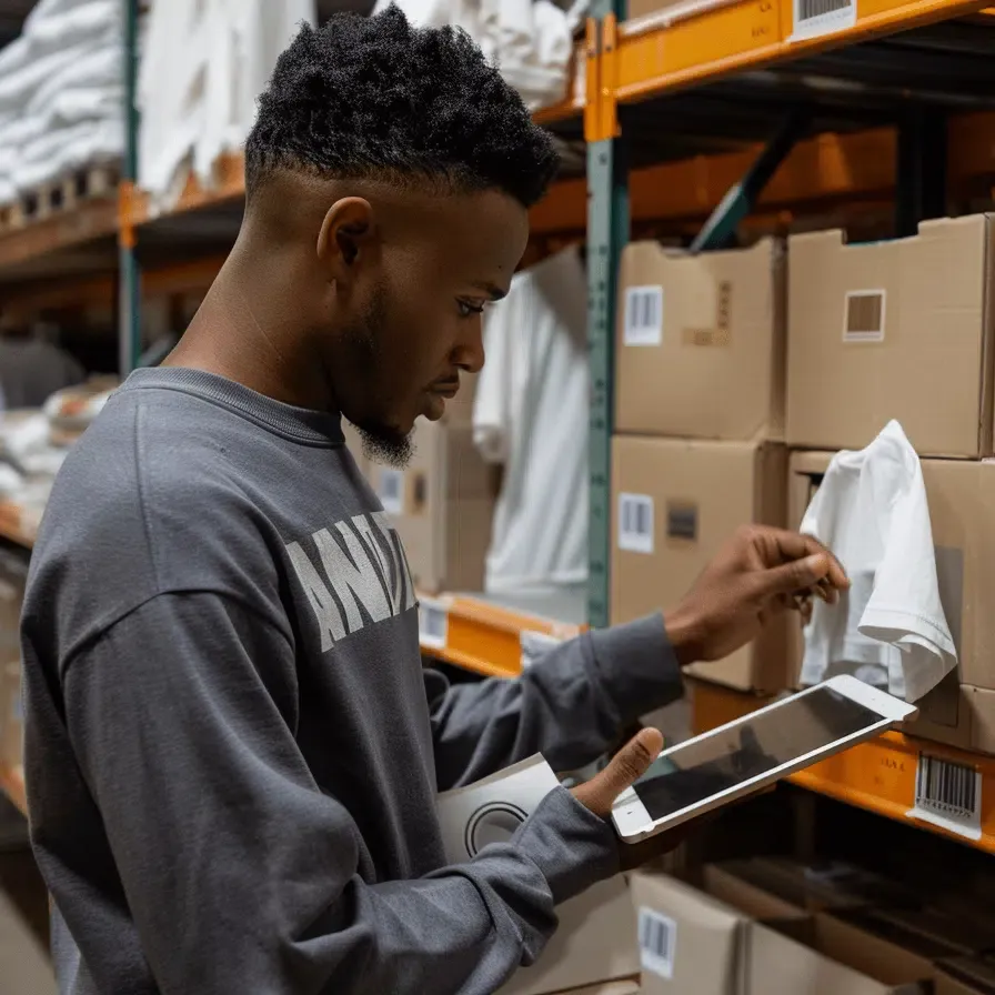zensmart is showing A person stands in a storage area filled with shelves of boxed items, white shirts, and various giftware. They hold a tablet and inspect the contents of a box. The individual wears a gray sweatshirt with blurred letters and seems focused on managing merch inventory. with print workflow automation