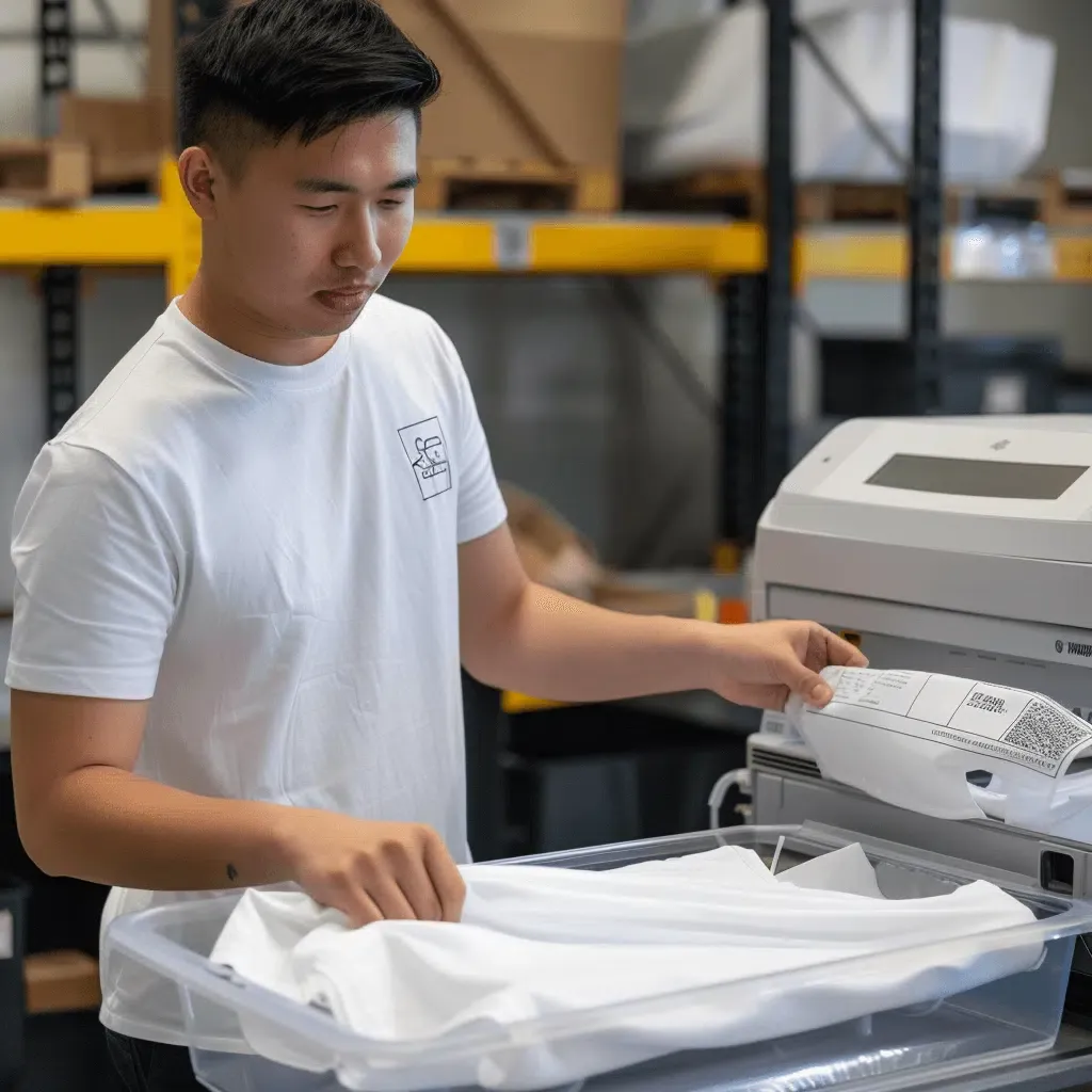 zensmart is showing A person wearing a white t-shirt is sorting and preparing packages in a warehouse. They are placing items into clear plastic bins and working near a shipping label printer. Shelves with cardboard boxes and various apparel are visible in the background. with print workflow automation