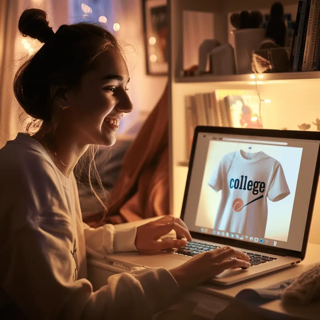 zensmart is showing A smiling young woman with a messy bun sits at a desk in a cozy, well-lit room, looking at an apparel website on her laptop. The screen displays an image of a white T-shirt with the word "college" on it. Books and decorative lights surround her workspace. with print workflow automation
