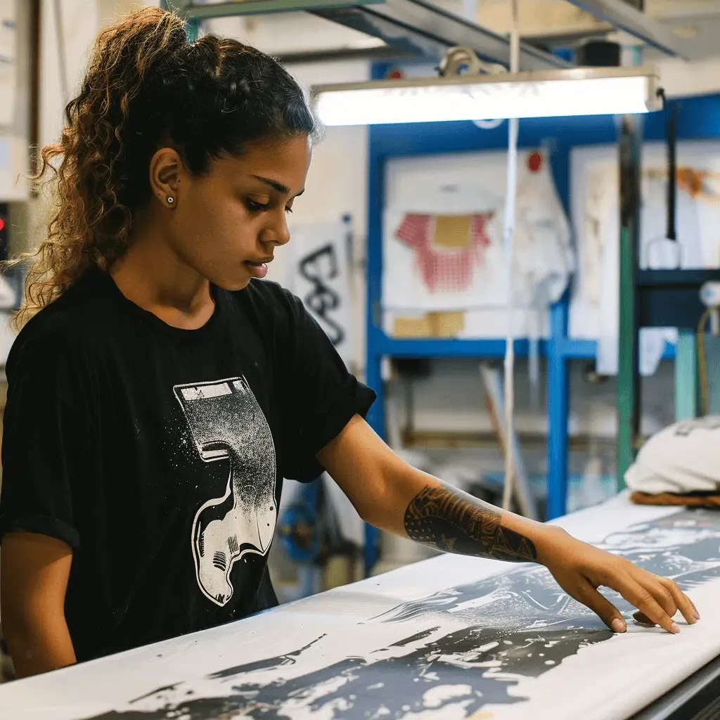 zensmart is showing A young woman with curly hair, wearing a black t-shirt with a large white number '5', is focused on her work in a workshop or studio. She is examining a large sheet of material laid out on a table, possibly for screen printing or fabric work to create unique giftware. with print workflow automation