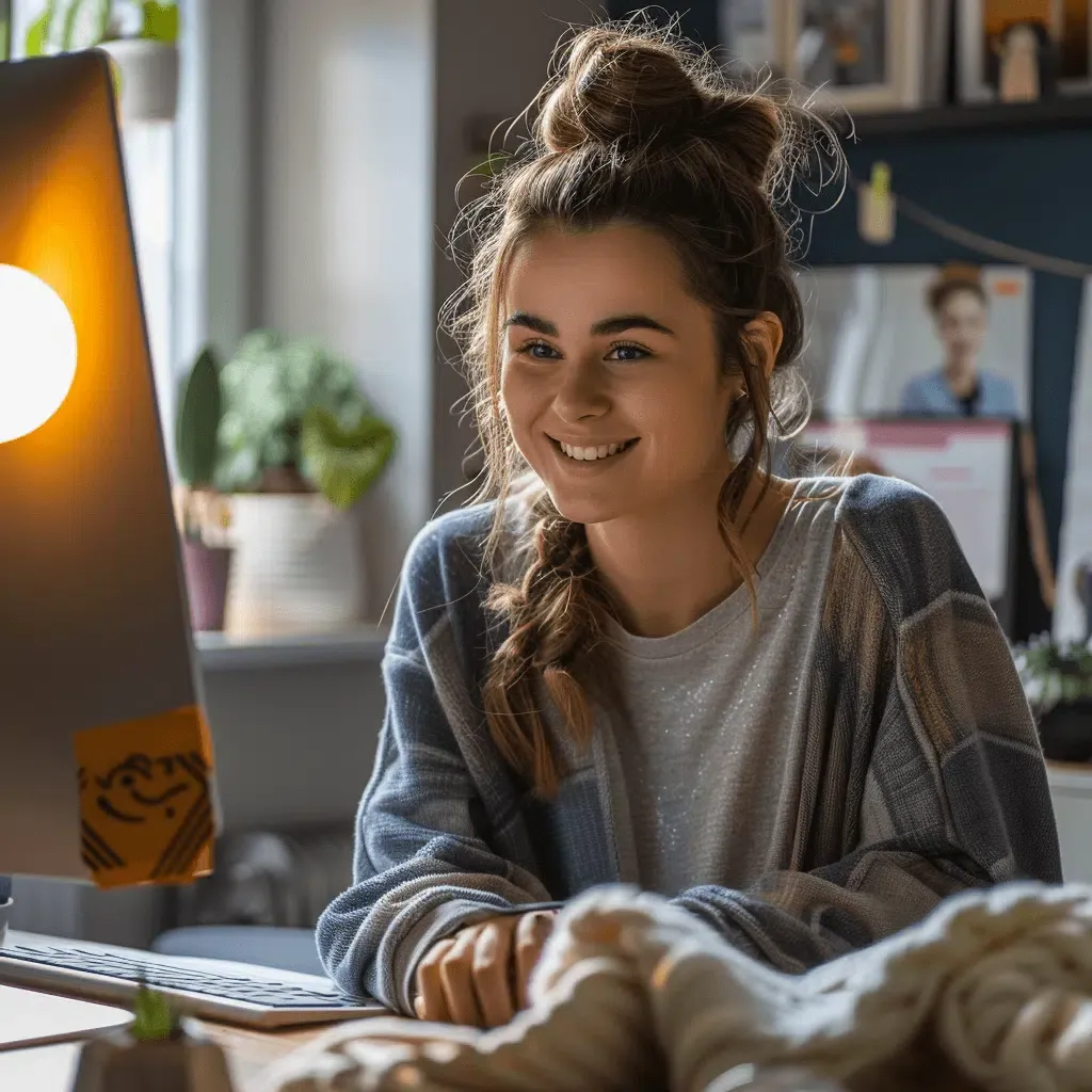 zensmart is showing A young woman with a casual topknot is smiling and looking at a computer screen in a cozy, well-decorated room adorned with plants, photos, and unique giftware. Soft lighting illuminates her face as she leans on the desk, appearing engaged and happy. with print workflow automation