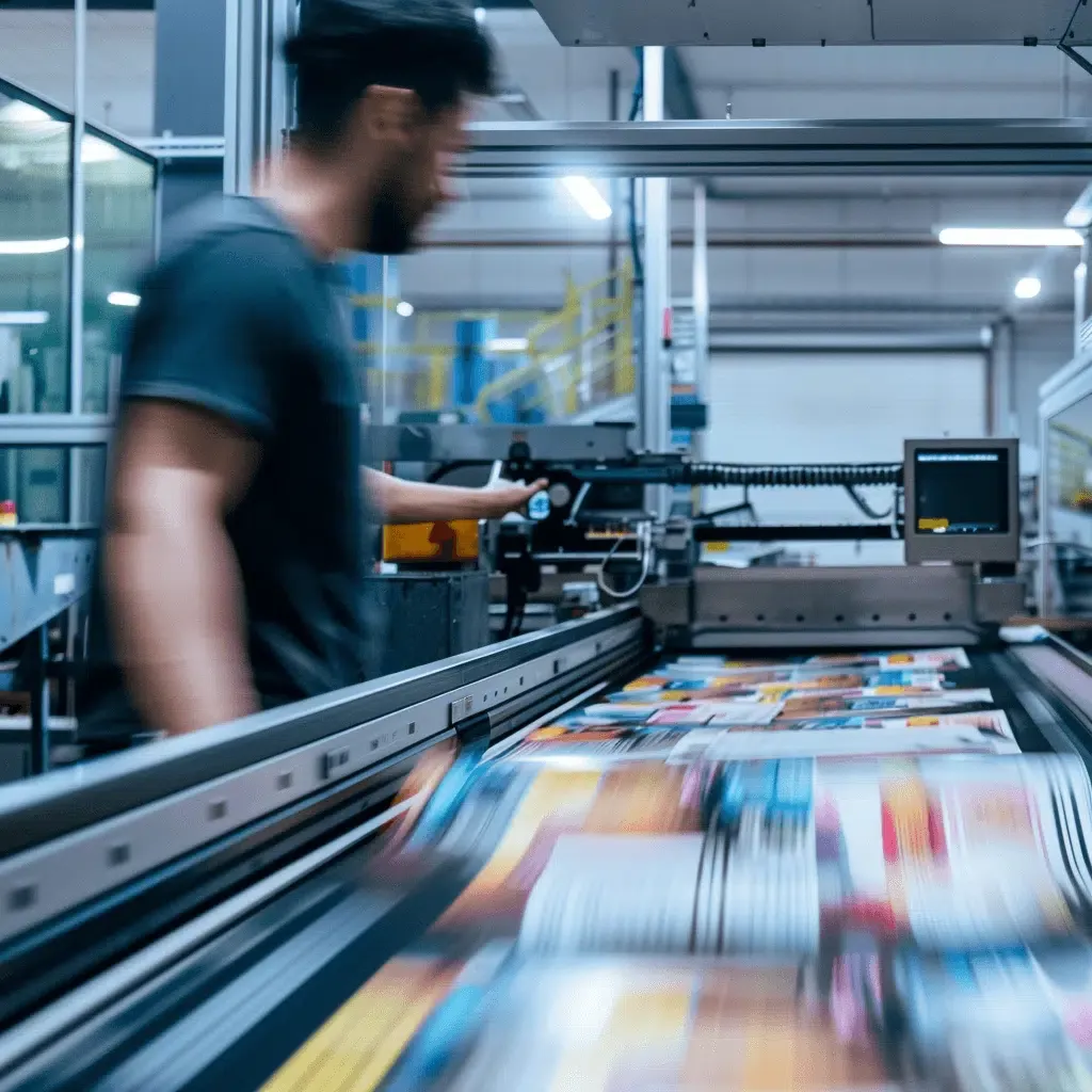 zensmart is showing A worker in a factory operates a printing machine that is rapidly producing colorful digital prints. The image is slightly blurred due to the machine's speed, emphasizing the motion and industrial environment. with print workflow automation