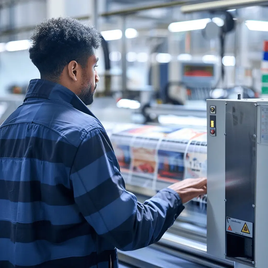 zensmart is showing A man in a blue striped work shirt operates a packaging machine in a factory. He is adjusting the controls while digital print material runs through the machine in the background. The setting is industrial with modern equipment. with print workflow automation
