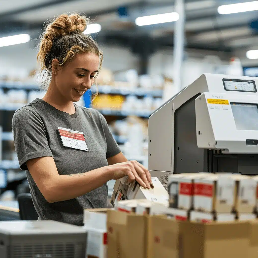 zensmart is showing A smiling woman with a bun hairstyle, dressed in a grey shirt, stands in a warehouse and scans packages at a machine. Shelves with various items and boxes are visible in the background. She appears focused and content with her task, perhaps organizing photo prints for shipment. with print workflow automation