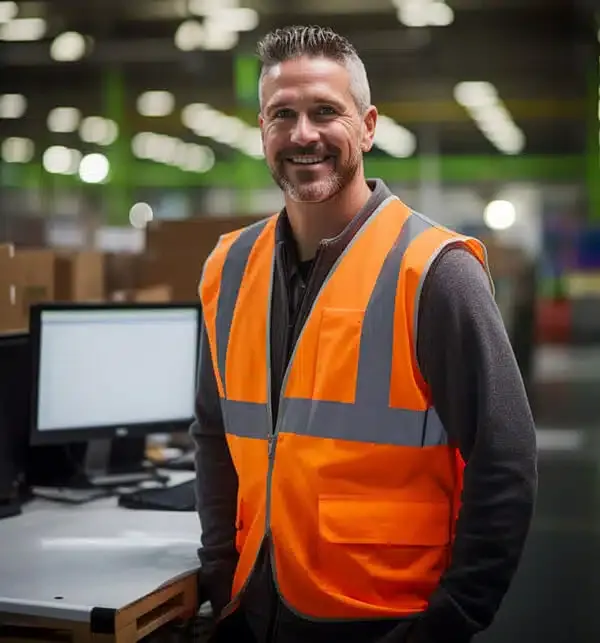zensmart is showing A man with short hair and a beard, wearing an orange high-visibility vest, stands smiling in a warehousing or manufacturing environment that feels like his second home. He is positioned next to a desk with a computer monitor on it. The background is blurred, showing more industrial details. with print workflow automation