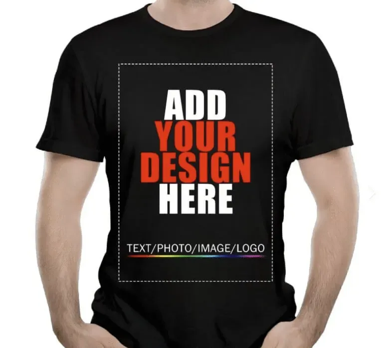 zensmart is showing A person wearing a plain black t-shirt with a mockup design area displaying the words 
