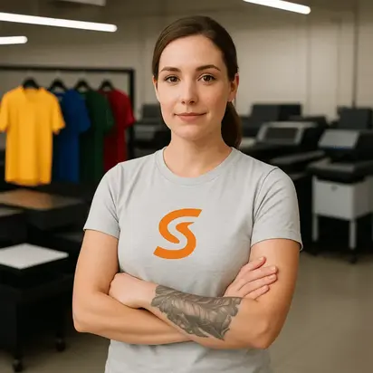zensmart is showing A woman with a tattooed forearm stands confidently with her arms crossed, wearing a light gray shirt with an orange 